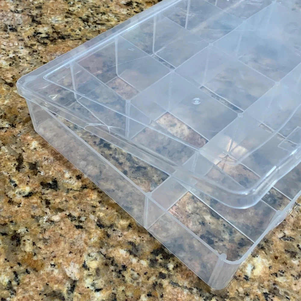 Rare size plastic container with multiple compartments for storage, jewelry, etr